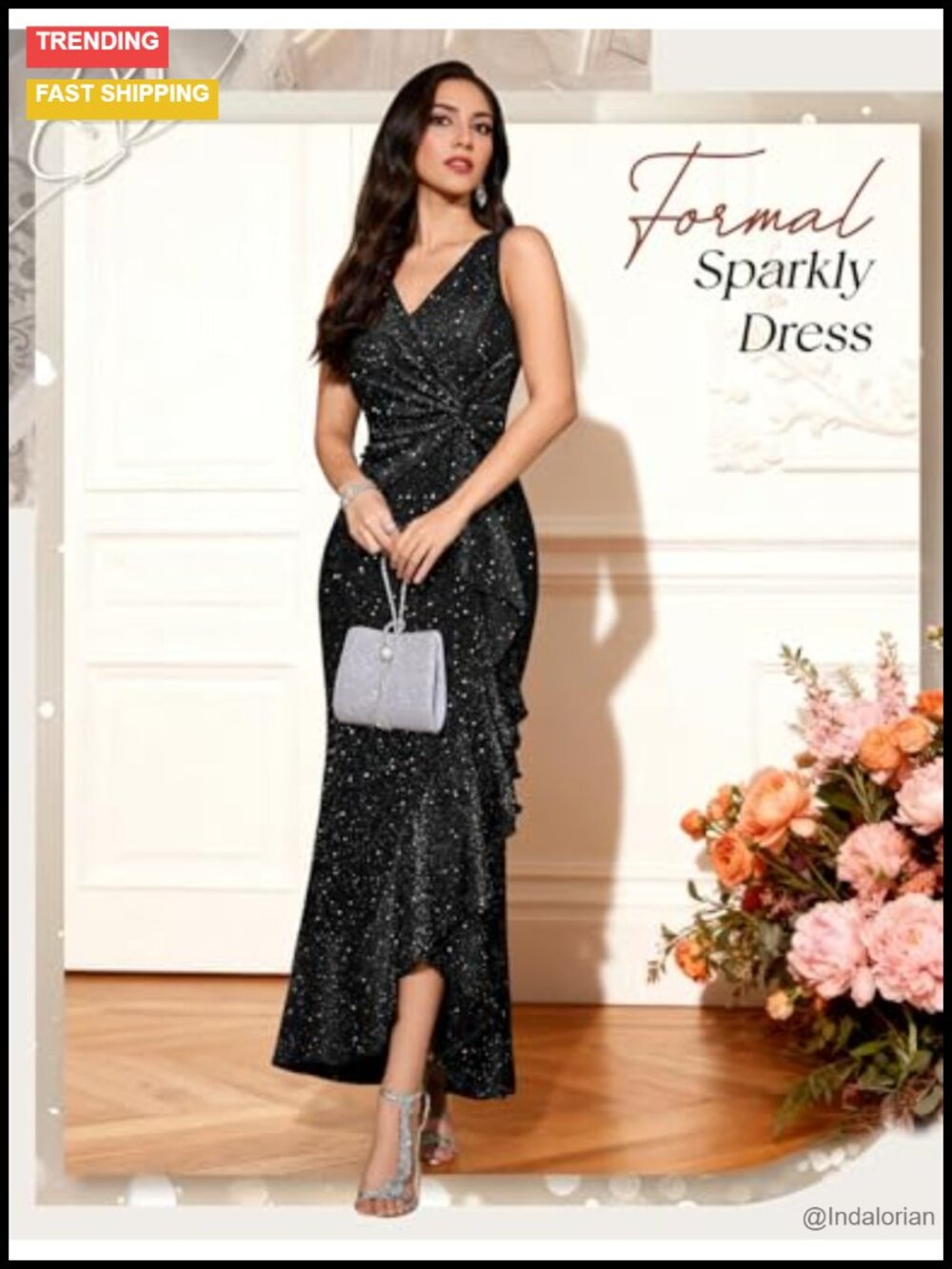 Sequin Formal Long Ruffle Dress V-Neck Backless Cocktail Gown - Picture 3 of 6